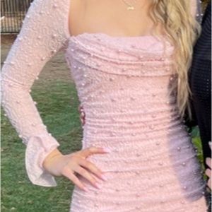 Long Sleeve Embellished Cowl Neck Mini Dress in Blush